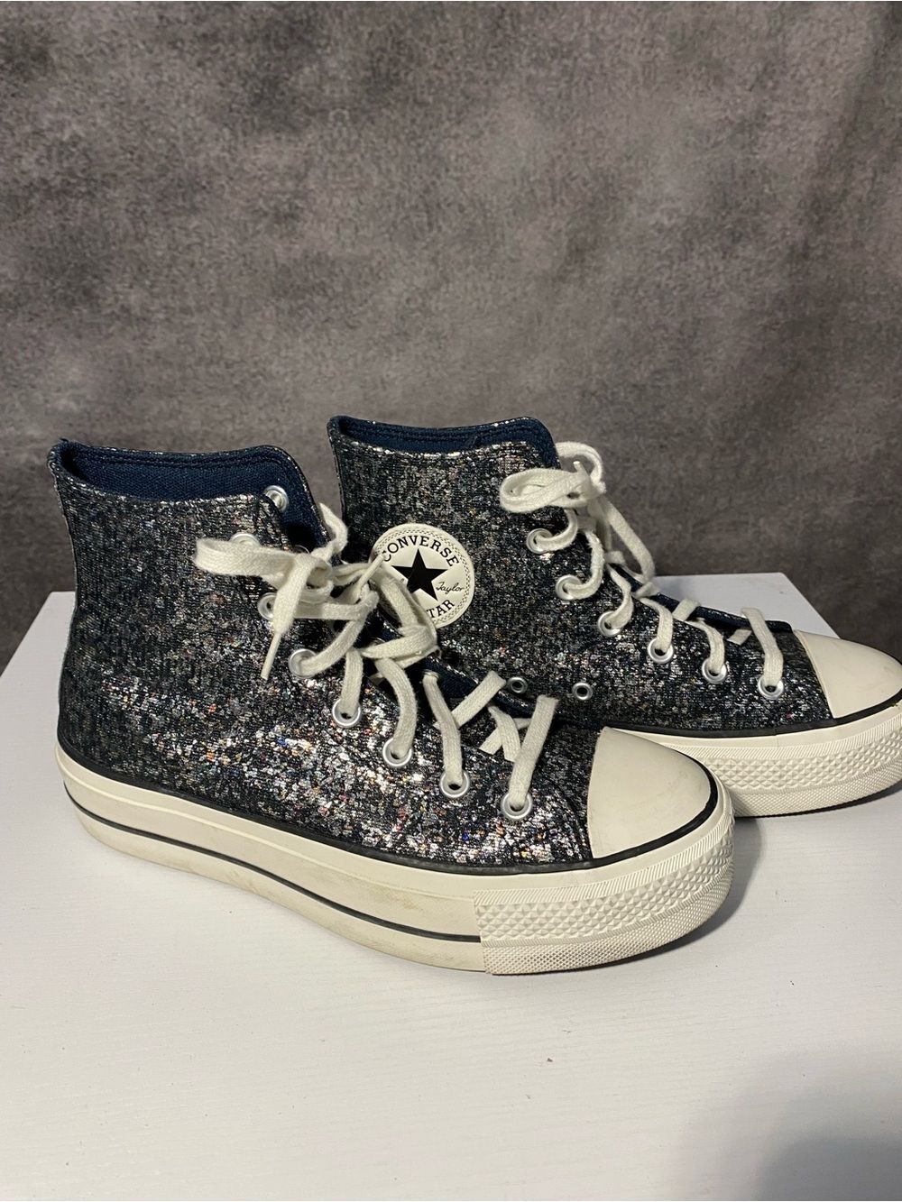 Converse Chuck Taylor All Star Platform High Top Sparkle Glitter Silver Blk 9.5